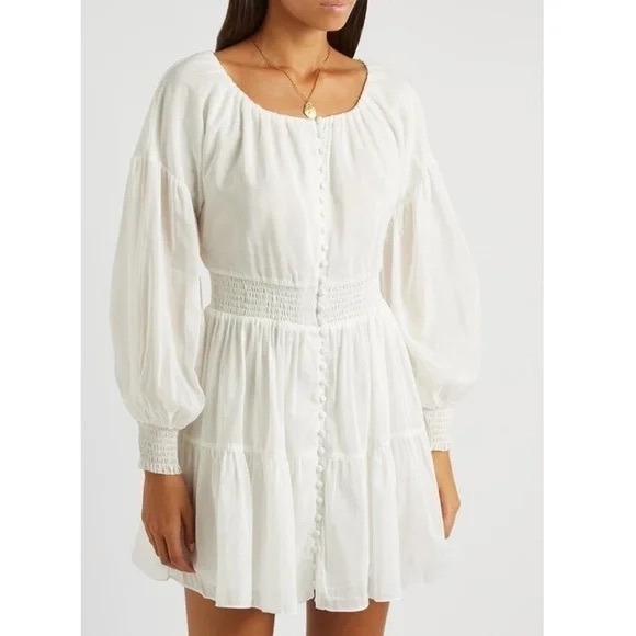 Alice + Olivia Kiara Smocked Long Sleeve Dress White Mini Dress Size 6 bridal
